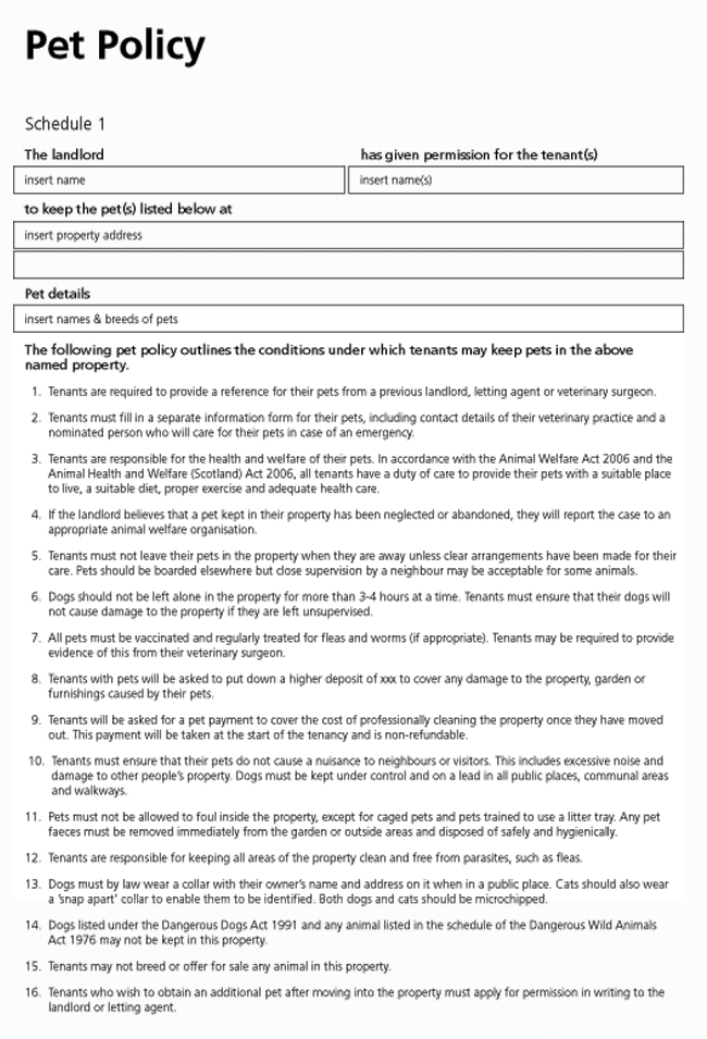 Pet Clause Policy Form For Tenancy Agreements